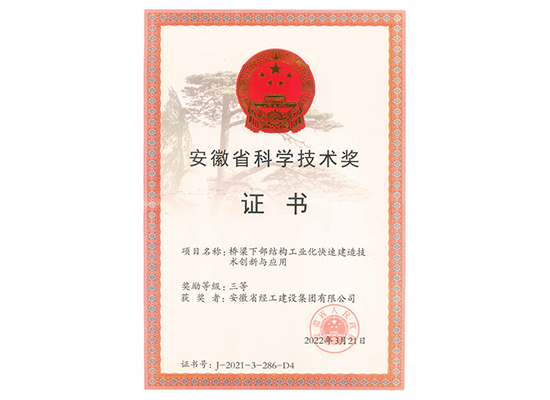 2021年安徽省科学技术奖单位证书（桥梁下部结构工业化快速建造技术创新与应用）